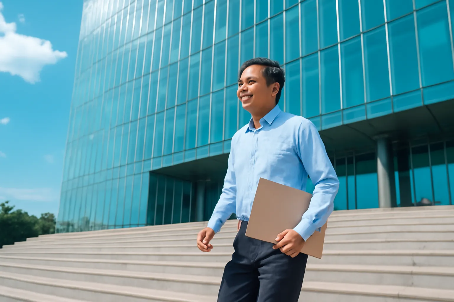 Người đàn ông trung niên cầm tập hồ sơ bước lên bậc toà nhà hiện đại