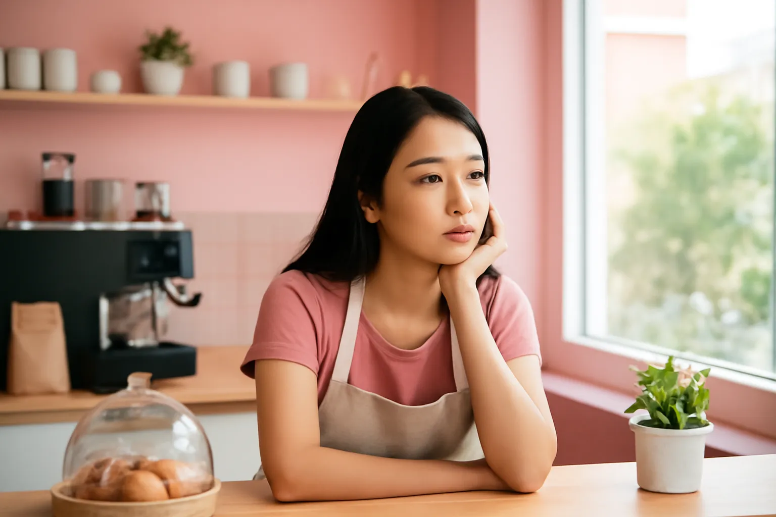 Cô chủ quán nhỏ ngồi quầy nhìn xa suy nghĩ
