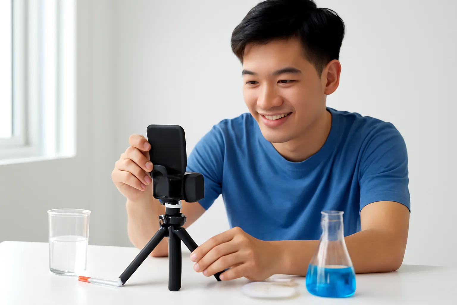 Chàng trai dựng điện thoại trên chân máy quay thí nghiệm trên bàn