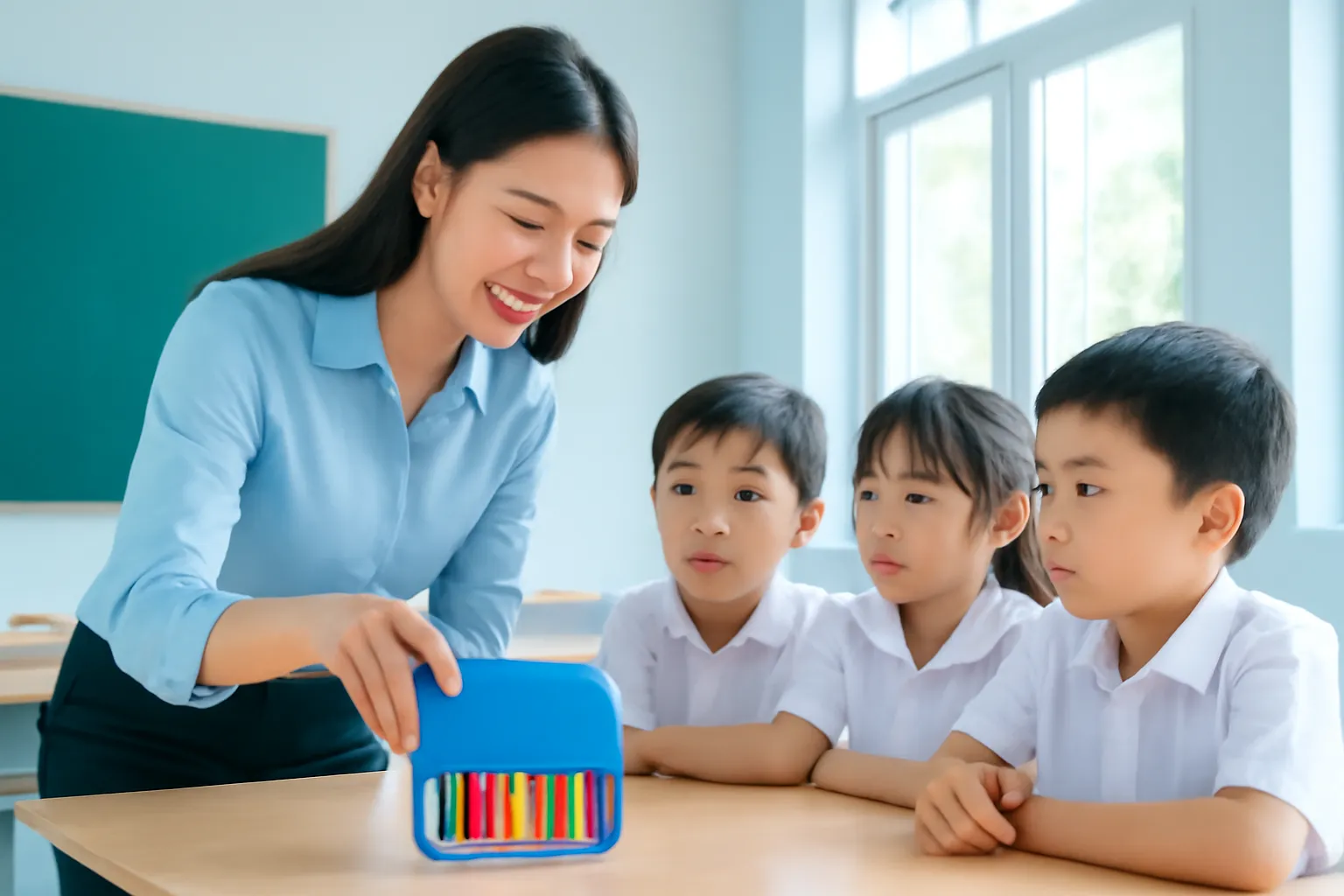 Cô giáo trẻ lật ngược chiếc hộp bút trên bàn lớp học sáng