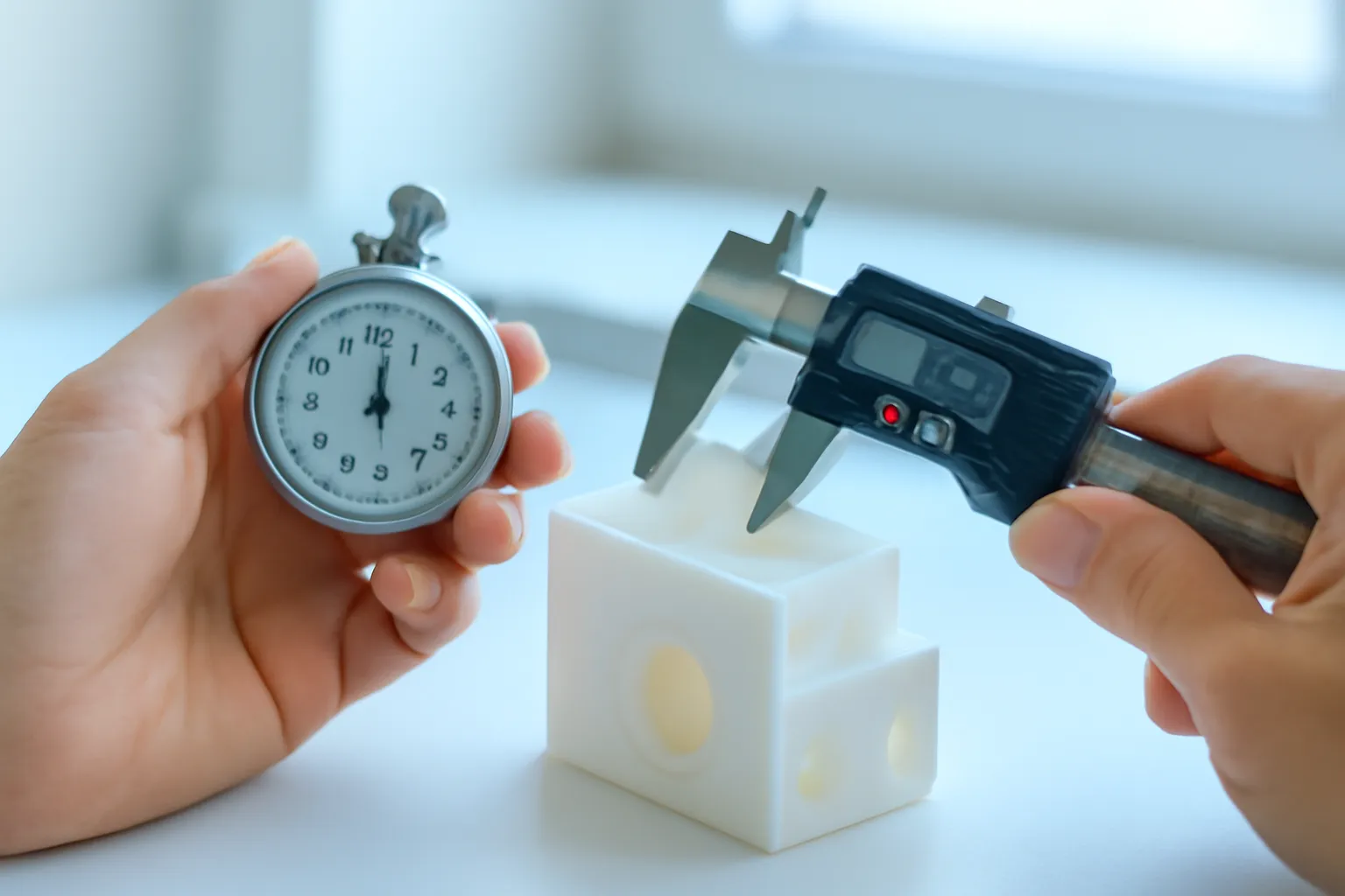 Cận tay cầm đồng hồ bấm giờ và thước kẹp bên bản mẫu nhựa trắng