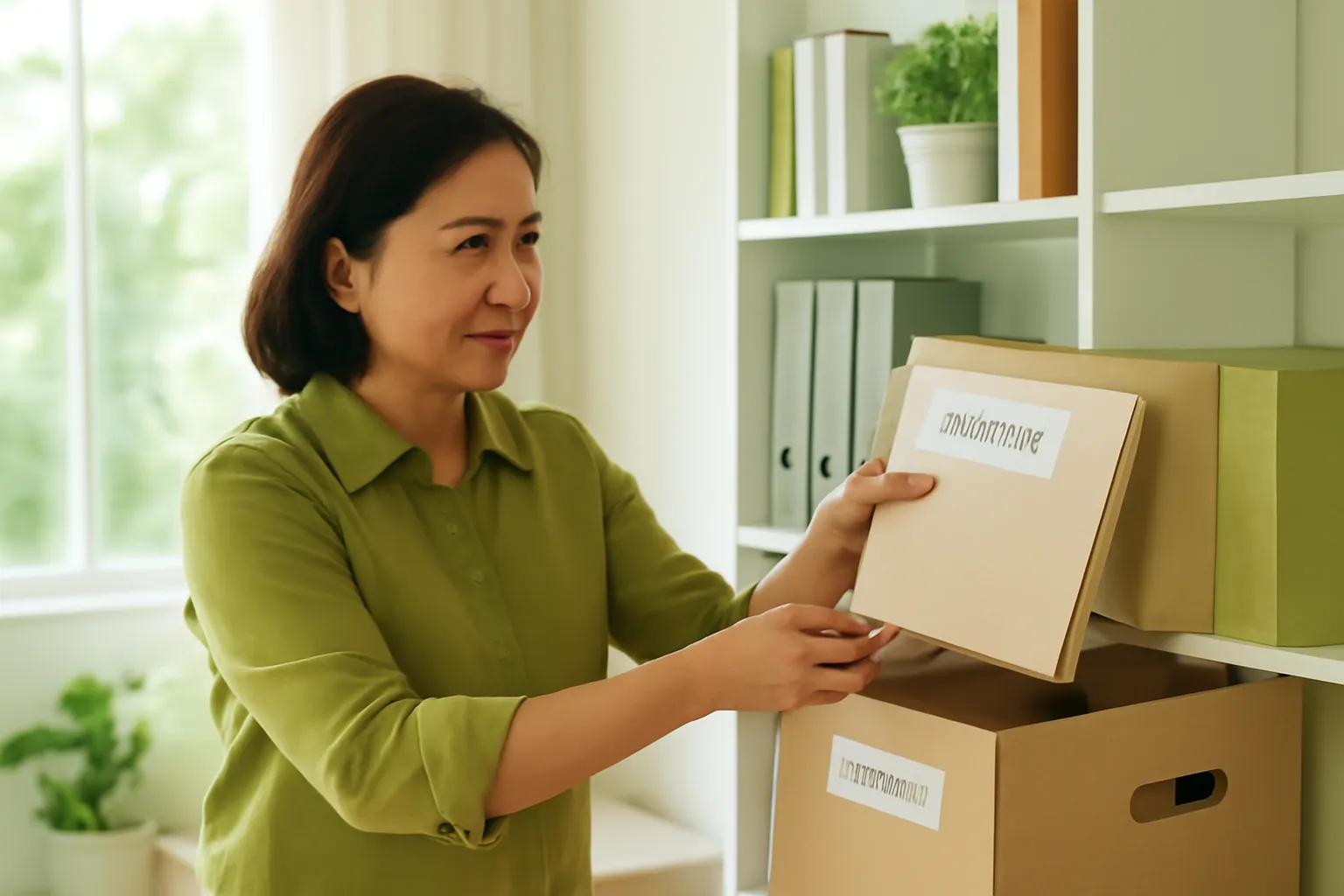 Người phụ nữ trung niên xếp tập hồ sơ vào hộp lưu trữ trên kệ