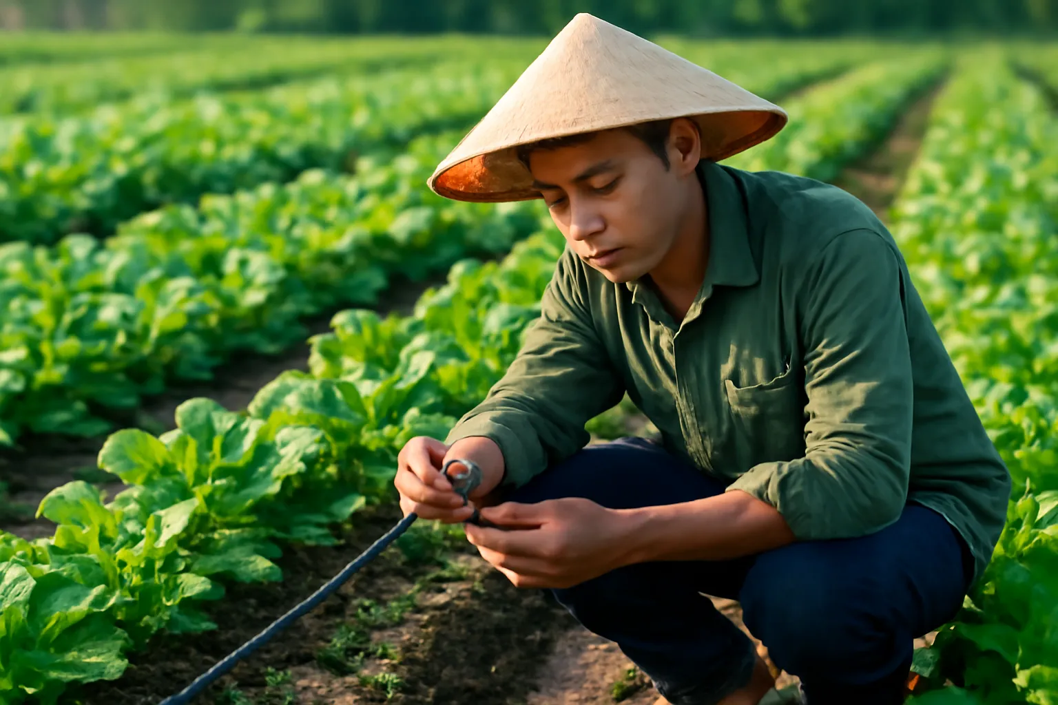 Anh trẻ ngồi xổm cạnh luống rau tưới nhỏ giọt quan sát ống dẫn