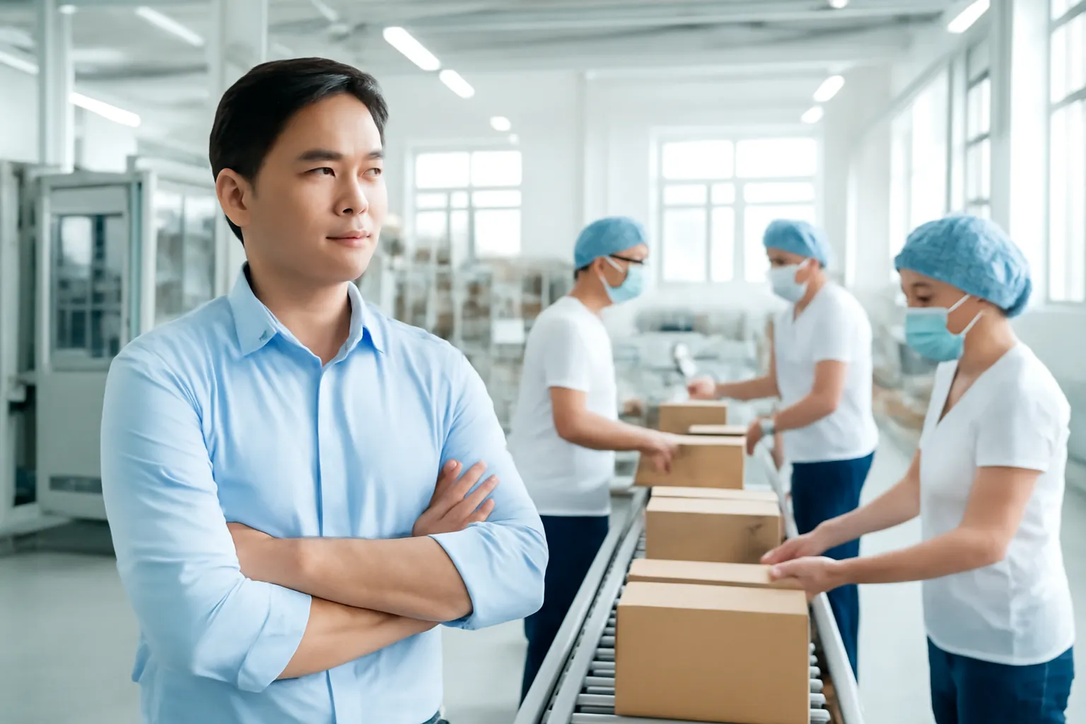 Anh kỹ sư đứng khoanh tay quan sát dây chuyền đóng gói trong xưởng sáng