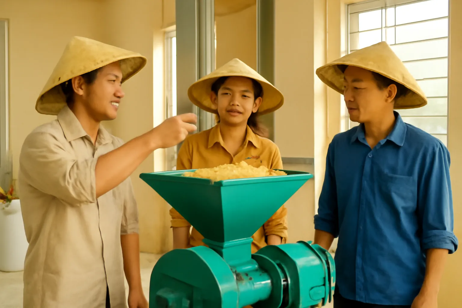 Ba người đứng quanh máy xay xát gạo trong nhà máy nhỏ, một người chỉ tay