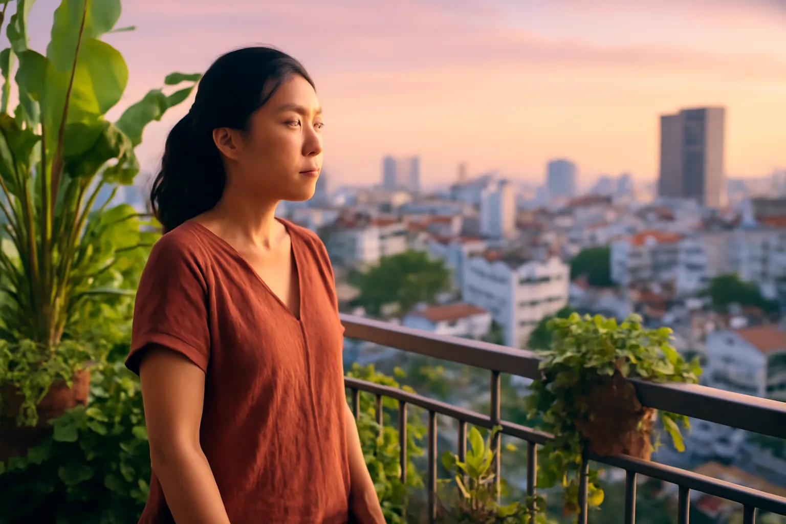 Người phụ nữ đứng ở ban công nhìn xa xuống phố lúc hoàng hôn