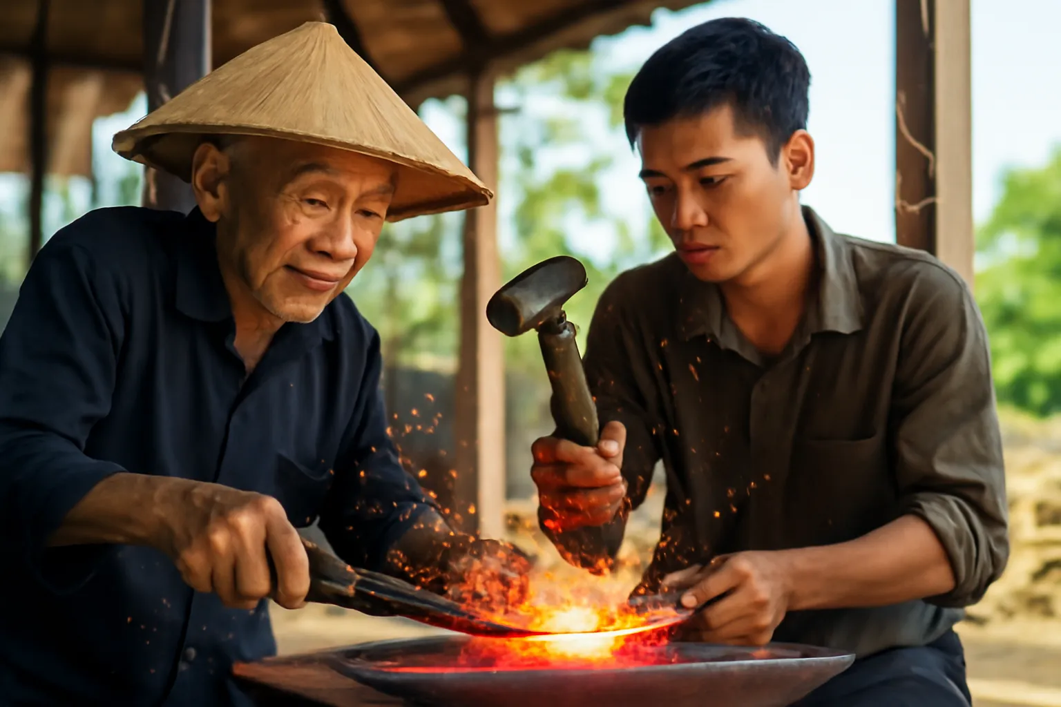 Ông thợ rèn già và người học việc trẻ làm việc trong lò rèn sáng