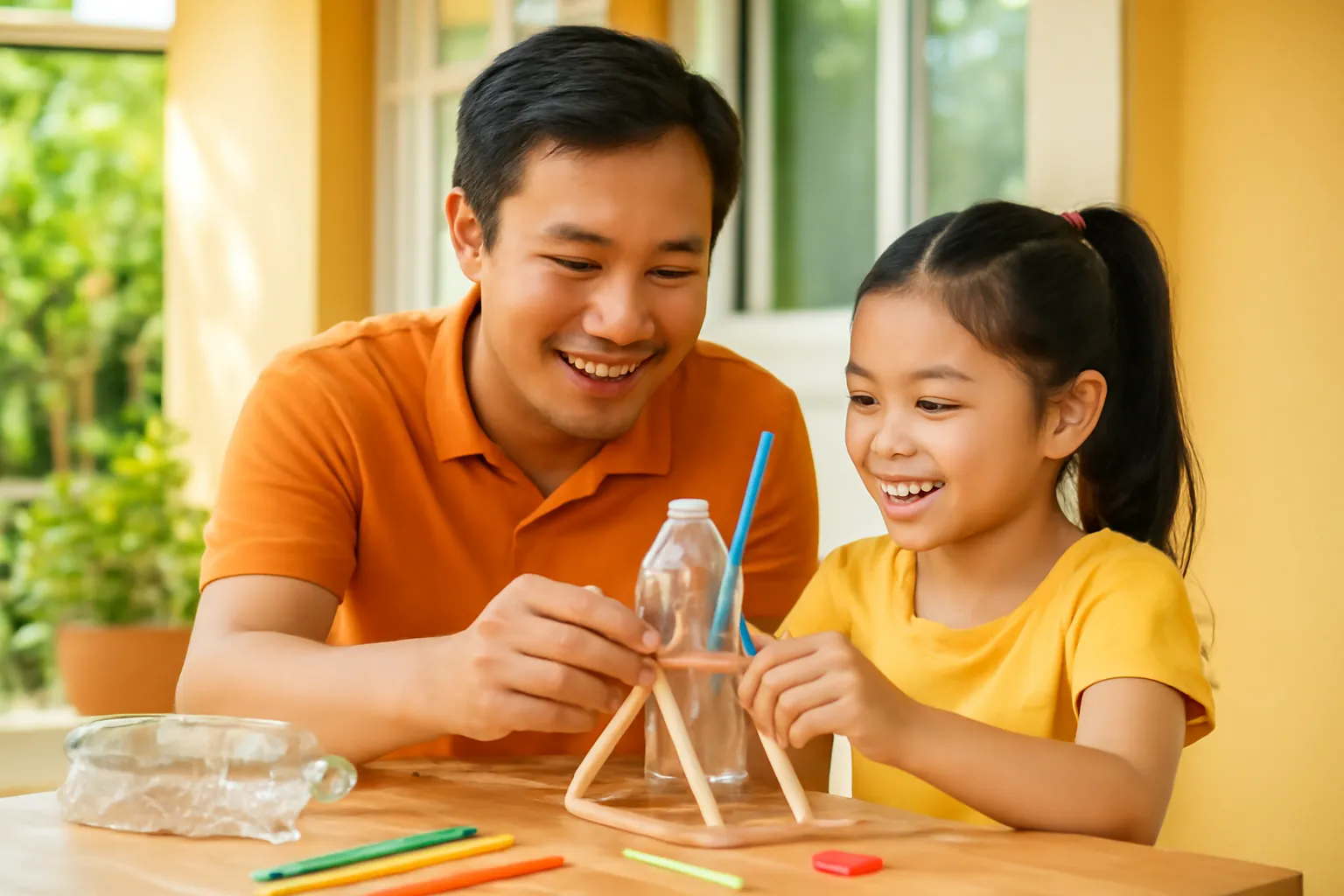 Bố và con gái ghép chai nhựa, ống hút, que kem ở hiên nhà
