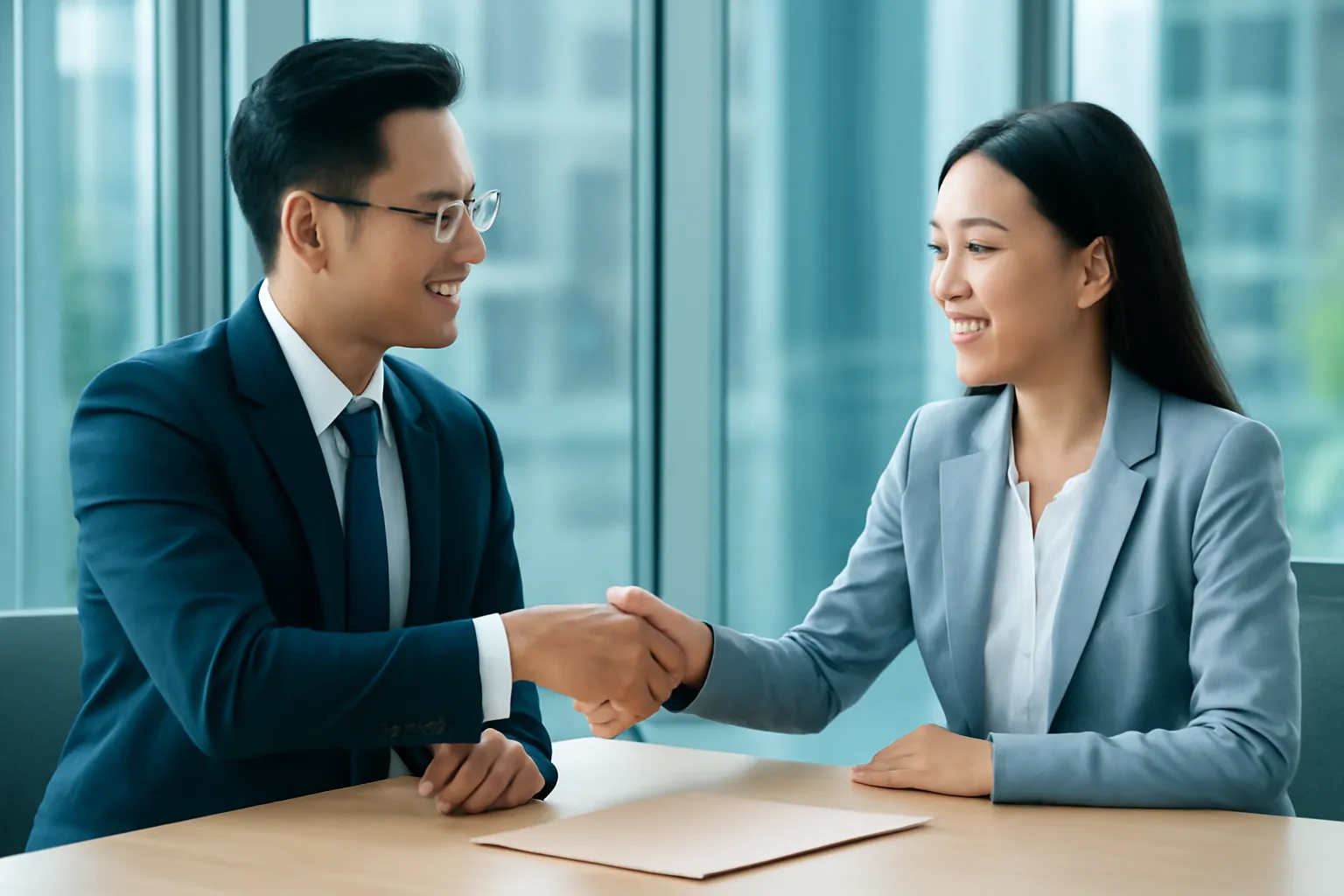 Hai người bắt tay qua bàn họp nhỏ trong văn phòng kính