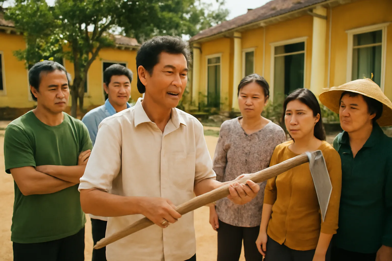 Người đàn ông trình bày dụng cụ ở buổi họp mặt làng, mọi người nhìn