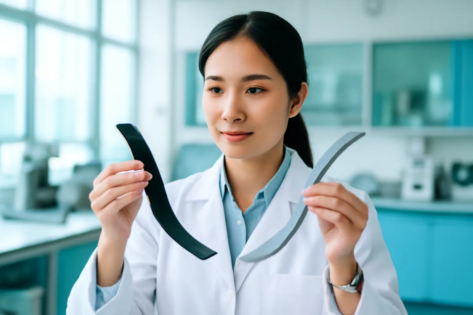 Nữ kỹ sư cầm hai mẫu vật liệu so độ cong trong phòng thí nghiệm sáng