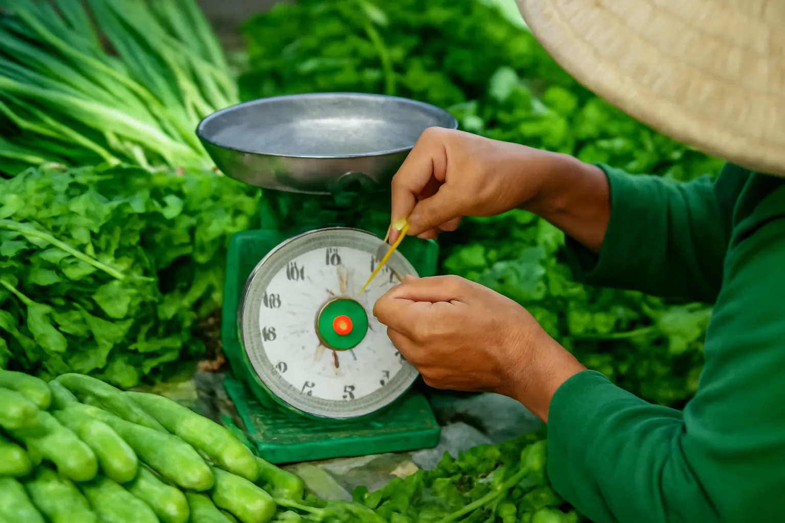Cận tay chị bán rau buộc dây thun quanh chiếc cân cũ ở chợ