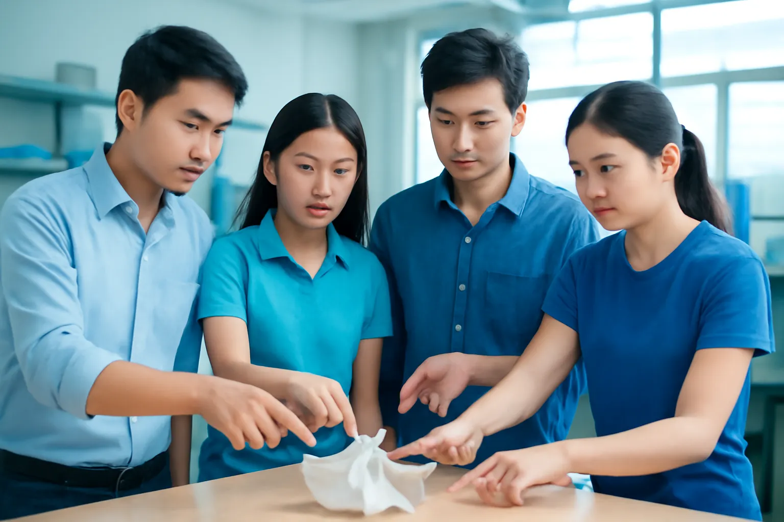 Bốn người đứng quanh bàn có mẫu thử gãy, cùng chỉ vào