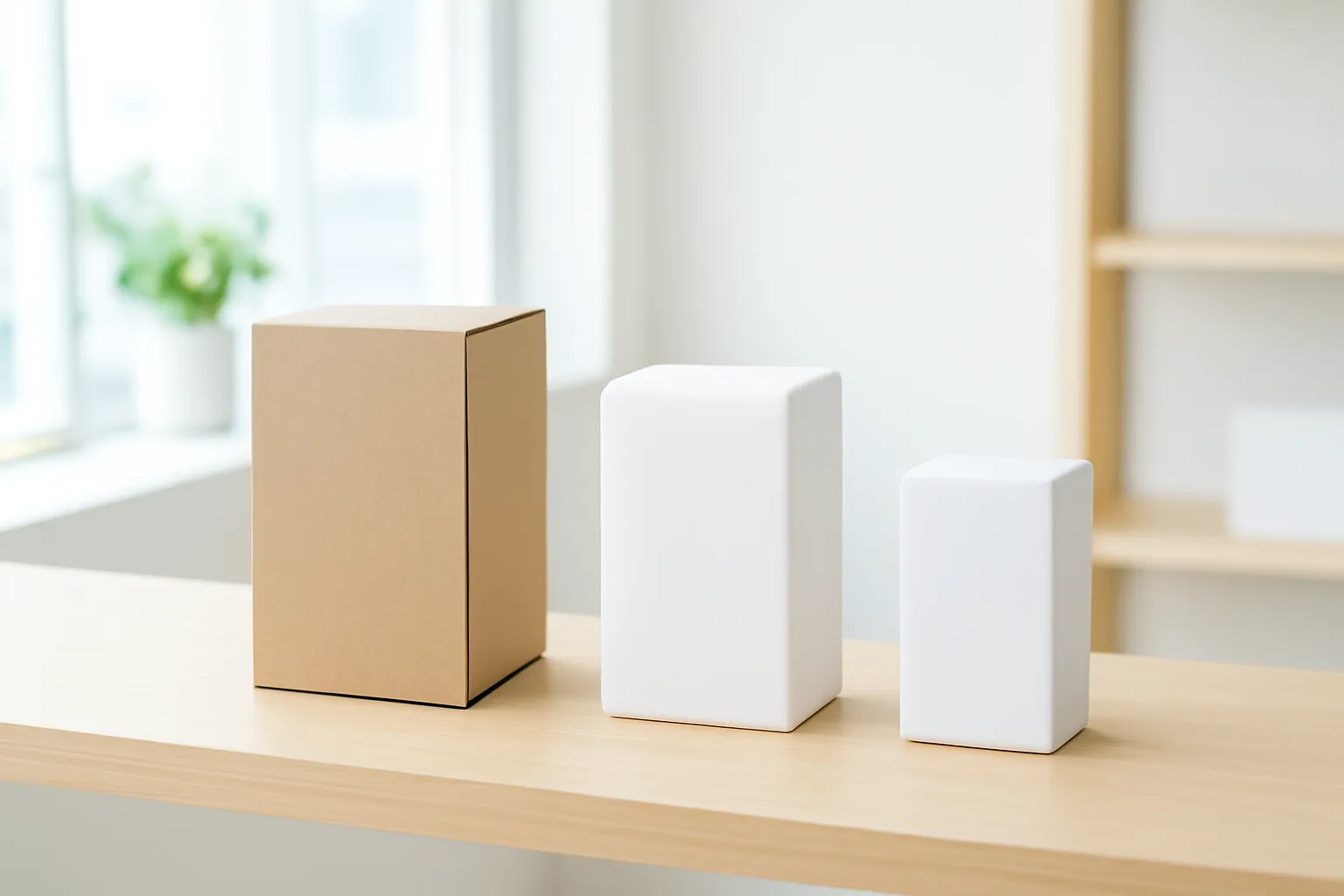 Ba bản mẫu khác cỡ xếp thành hàng trên kệ gỗ sáng
