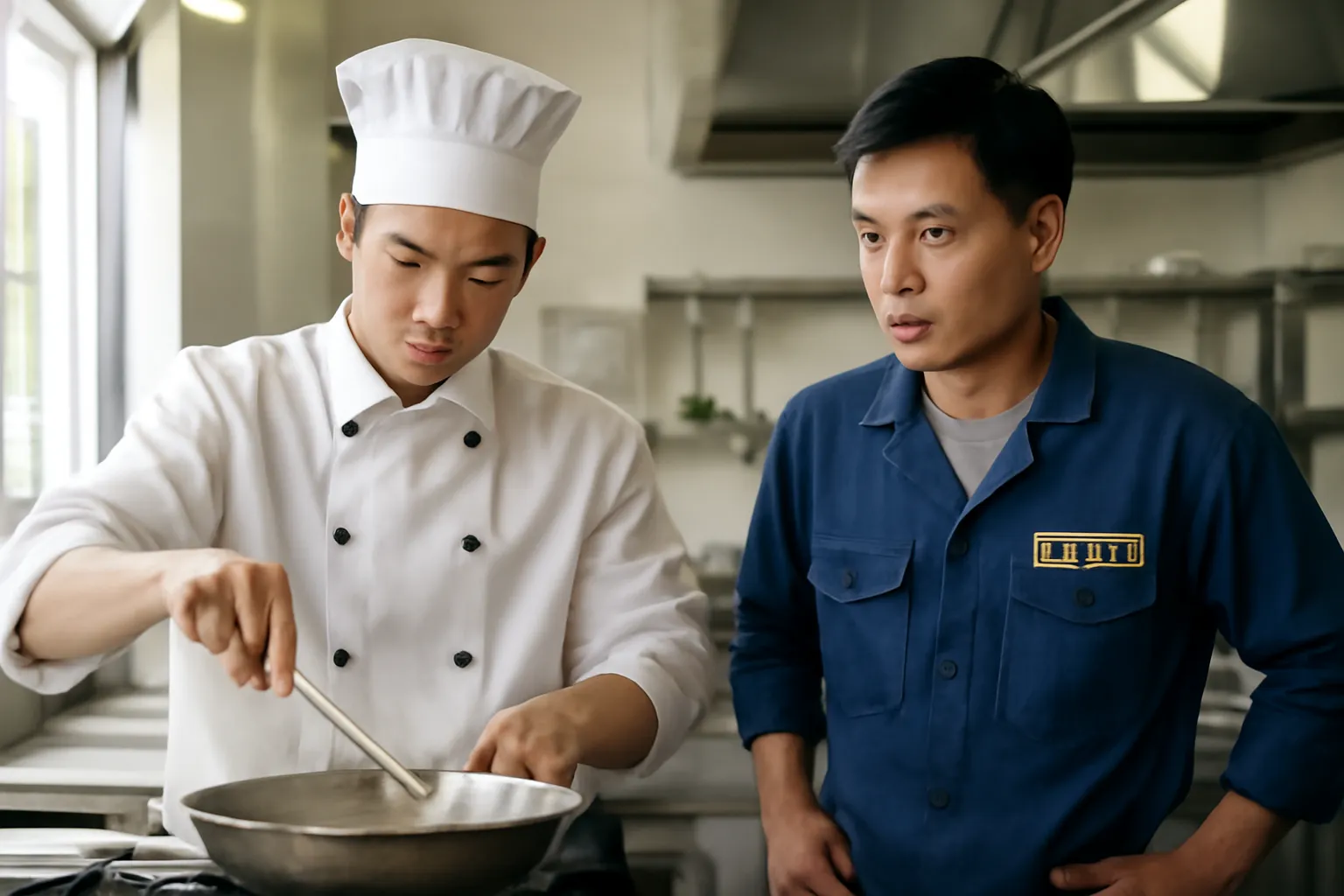 Anh thợ cơ khí trong bếp nhà hàng quan sát đầu bếp dùng dụng cụ