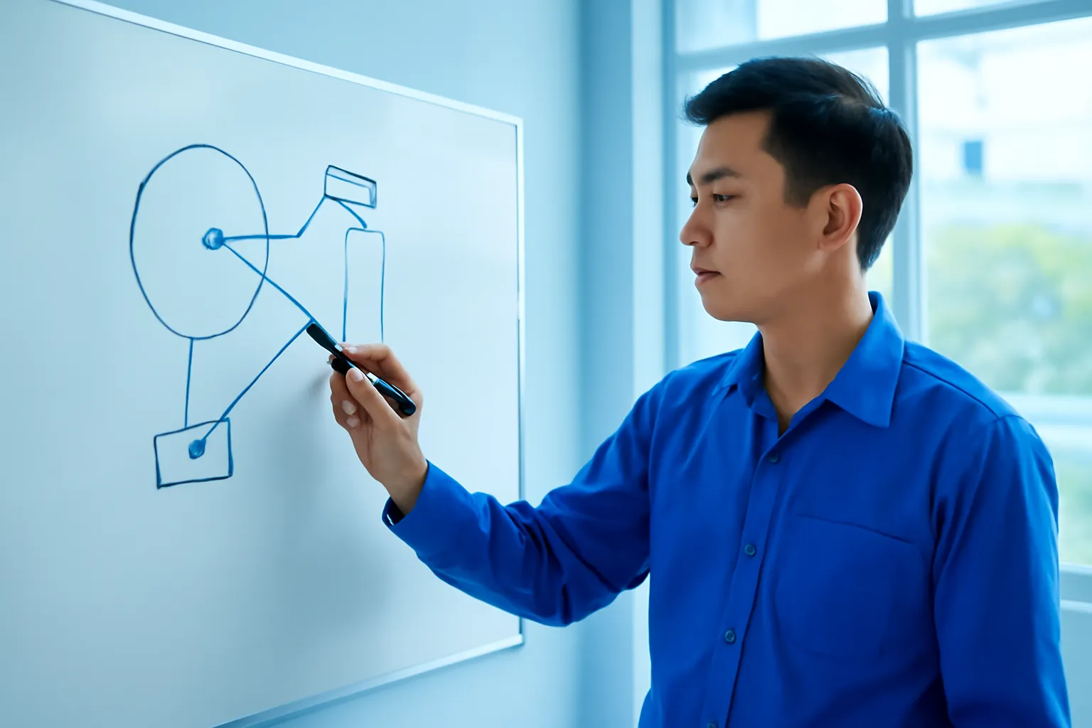 Kỹ sư nam vẽ lại cơ cấu trên bảng trắng trong phòng họp sáng