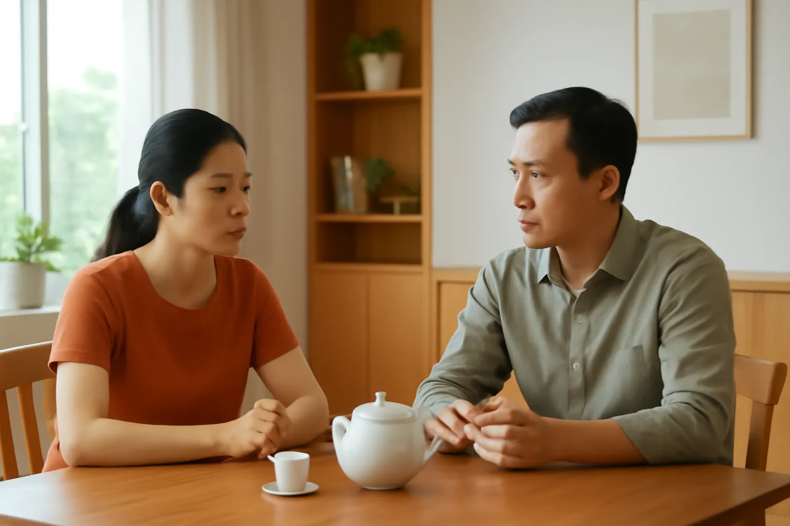 Vợ chồng ngồi bàn ăn bàn chuyện bên ấm trà