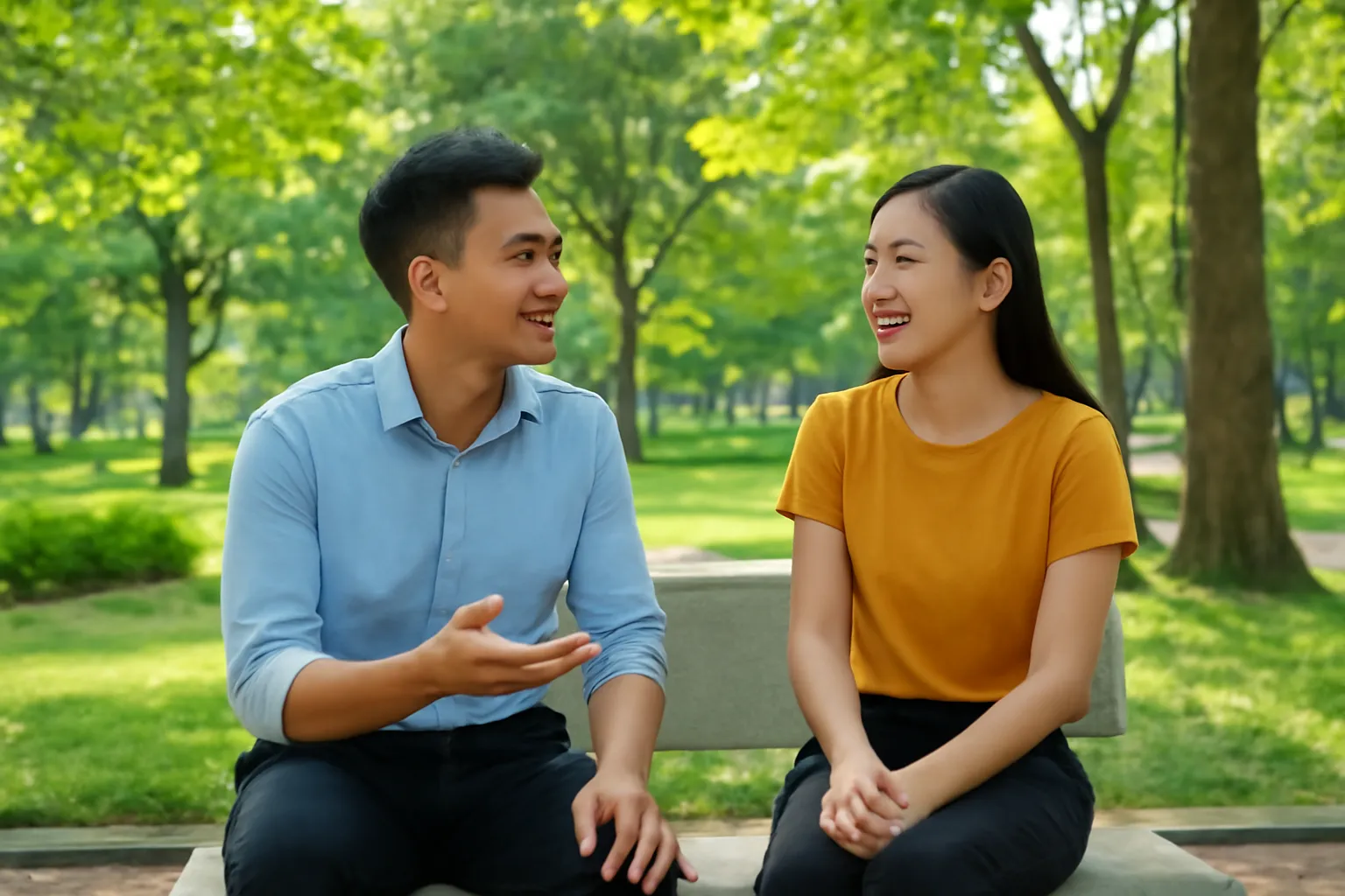 Hai người trẻ ngồi ghế đá công viên nói chuyện rôm rả