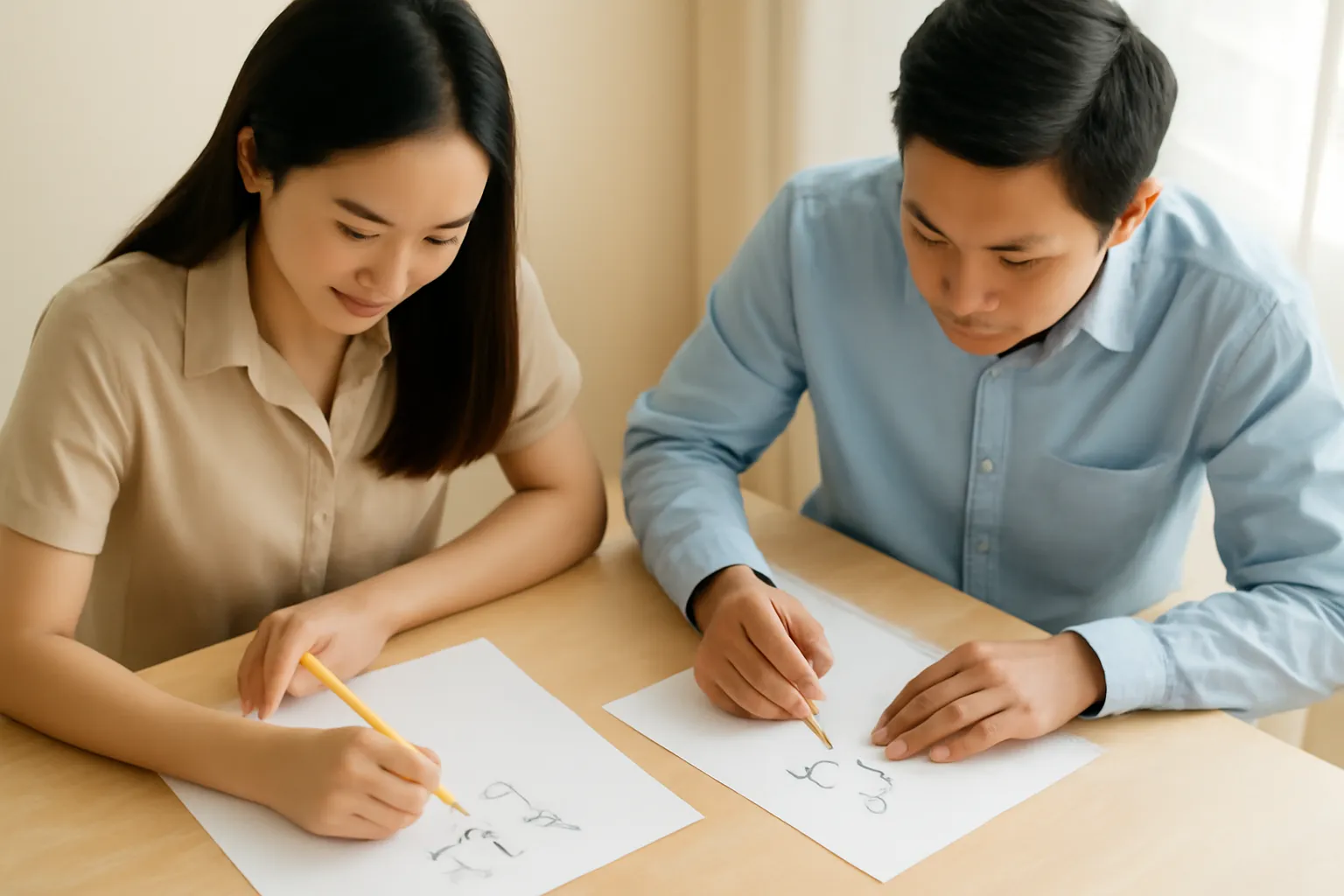 Hai người ngồi bàn gỗ vẽ sơ đồ bằng bút chì lên giấy trắng