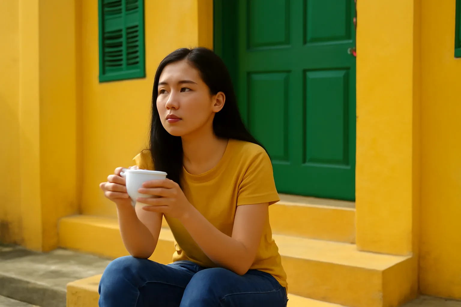 Cô gái trẻ ngồi ở bậc cửa nhà phố cầm cốc trà nhìn ra đường