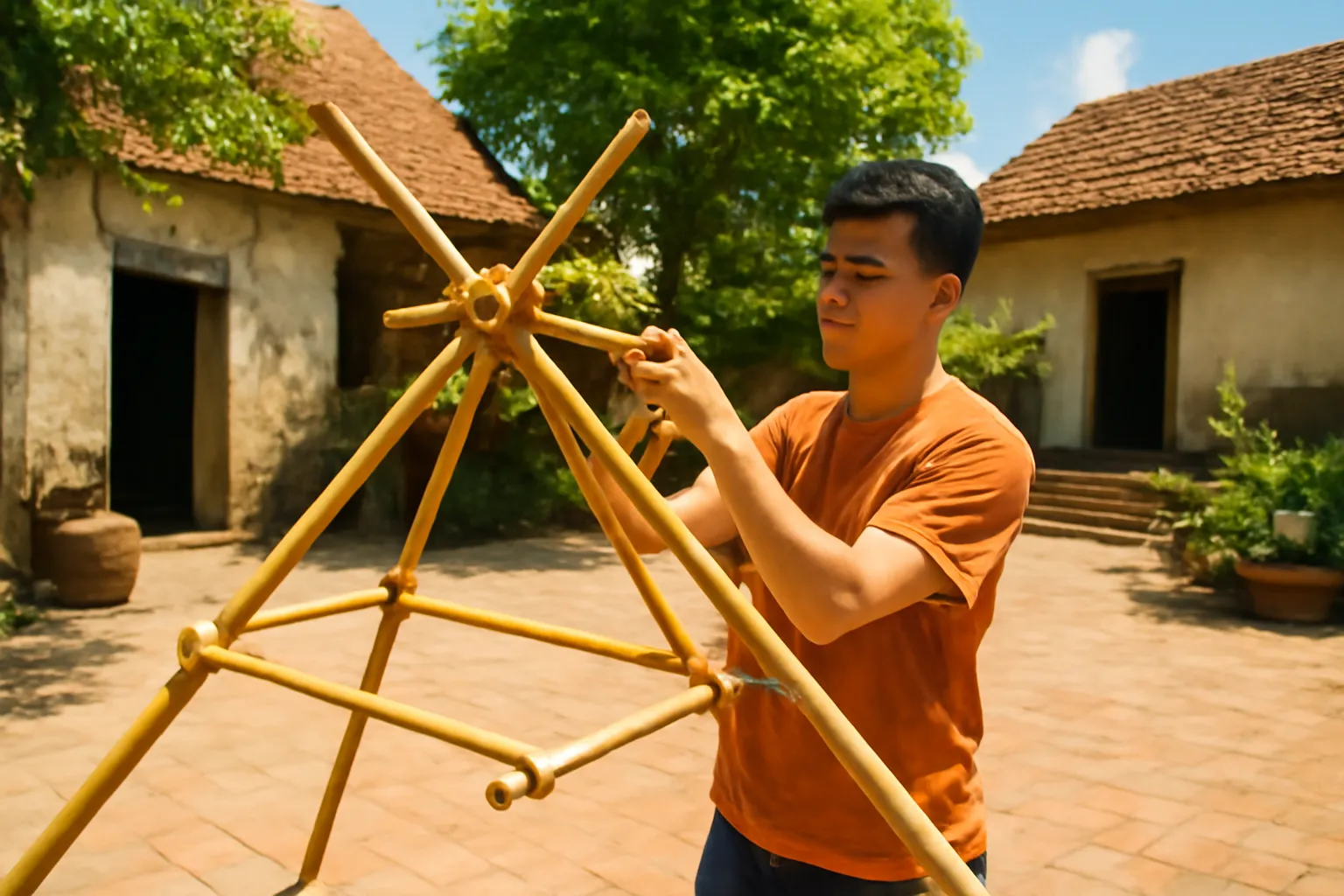 Chàng trai lắp giá đỡ từ ống tre trong sân nhà nông thôn