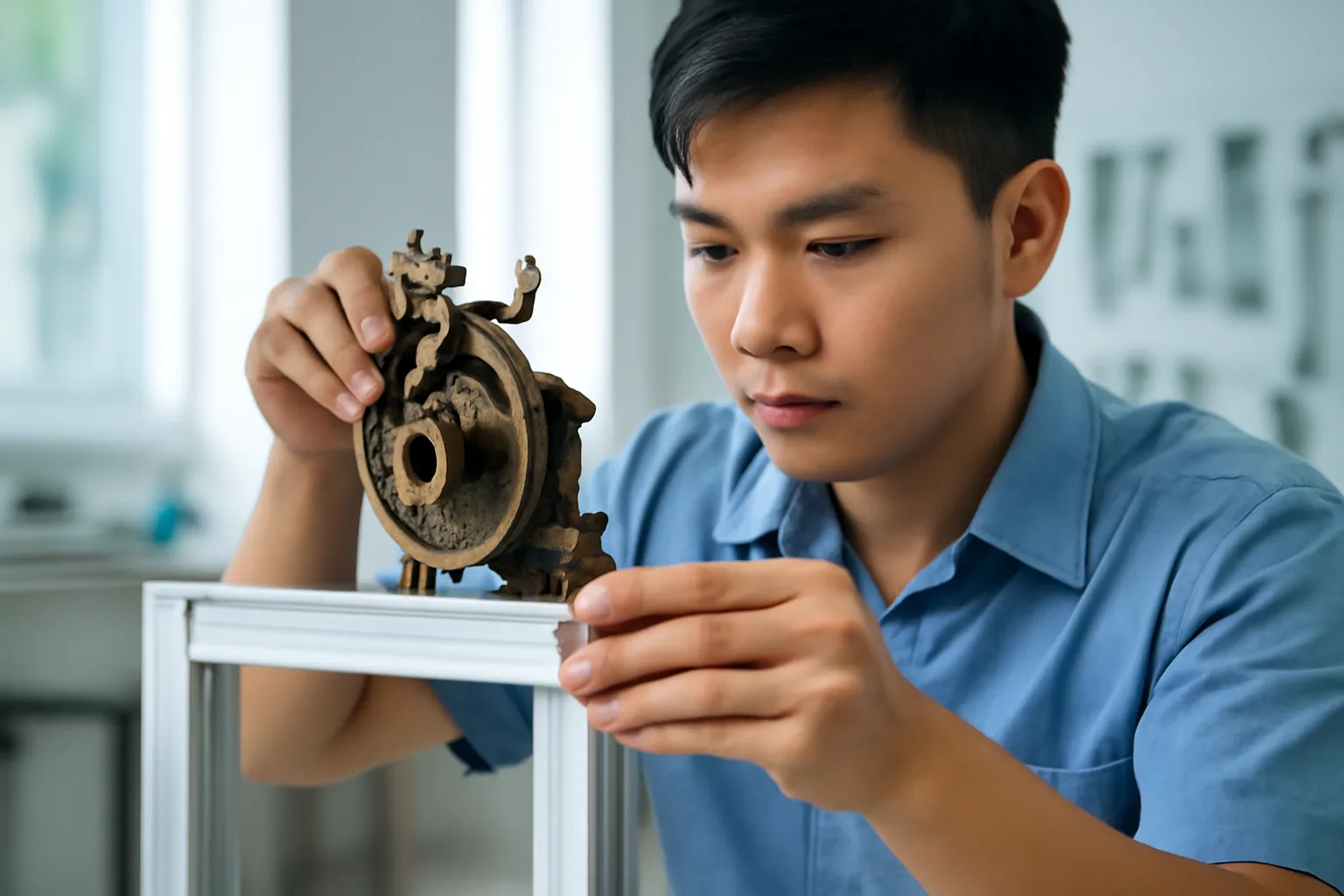 Thợ trẻ lắp cơ cấu bánh răng cũ lên khung mới trong xưởng sạch