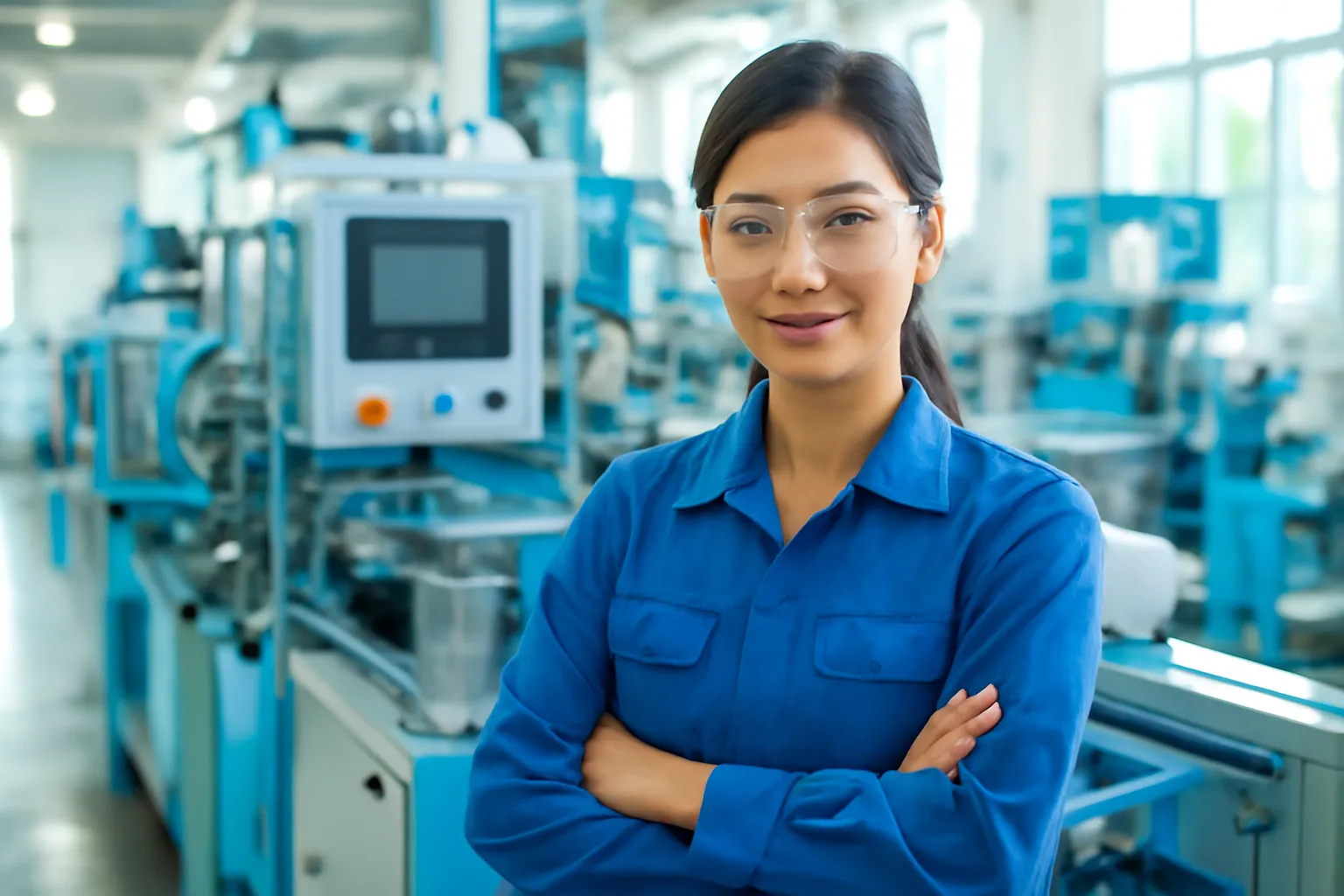 Nữ kỹ sư mặc đồng phục nhà máy đứng cạnh dây chuyền máy móc