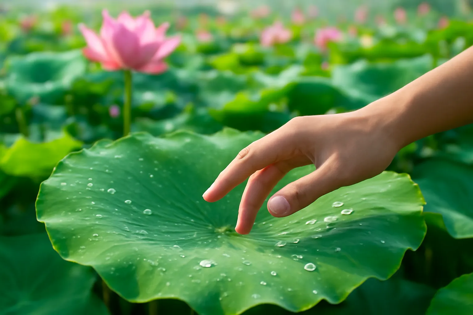 Bàn tay chạm nhẹ lá sen đọng giọt nước ở hồ sen buổi sáng