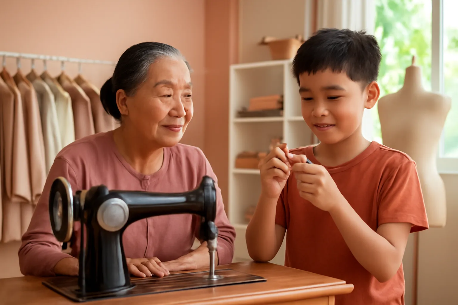 Bác thợ may lớn tuổi bên máy khâu nhìn cháu thử một dụng cụ tự chế