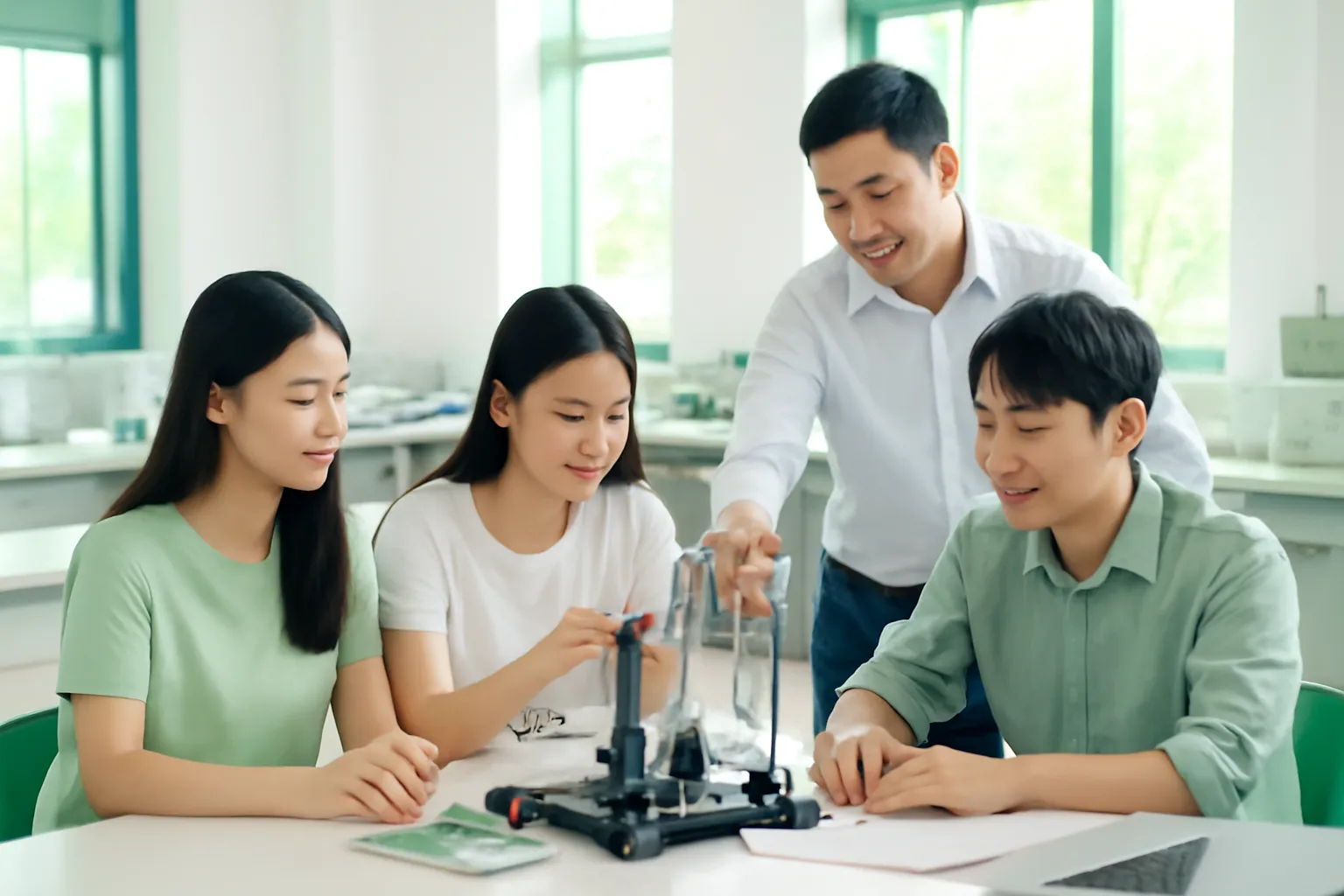 Nhóm sinh viên trong phòng thí nghiệm đại học sáng, giảng viên đứng cạnh