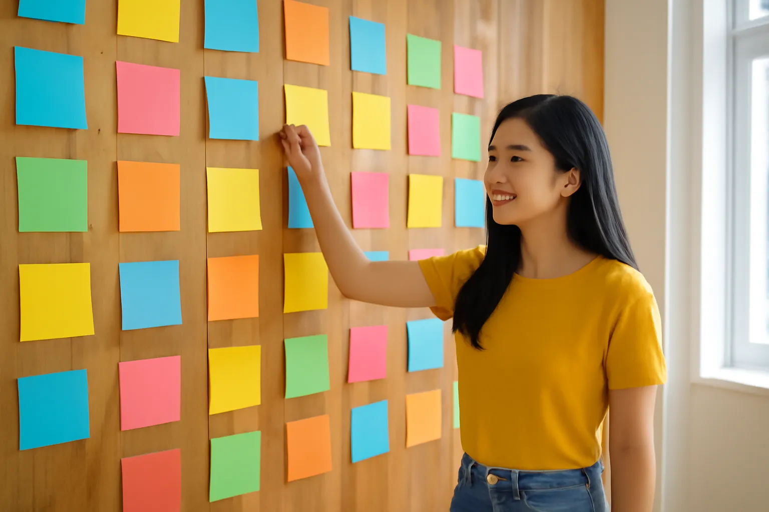 Cô gái đứng chọn thẻ trên bức tường gỗ dán thẻ giấy nhiều màu