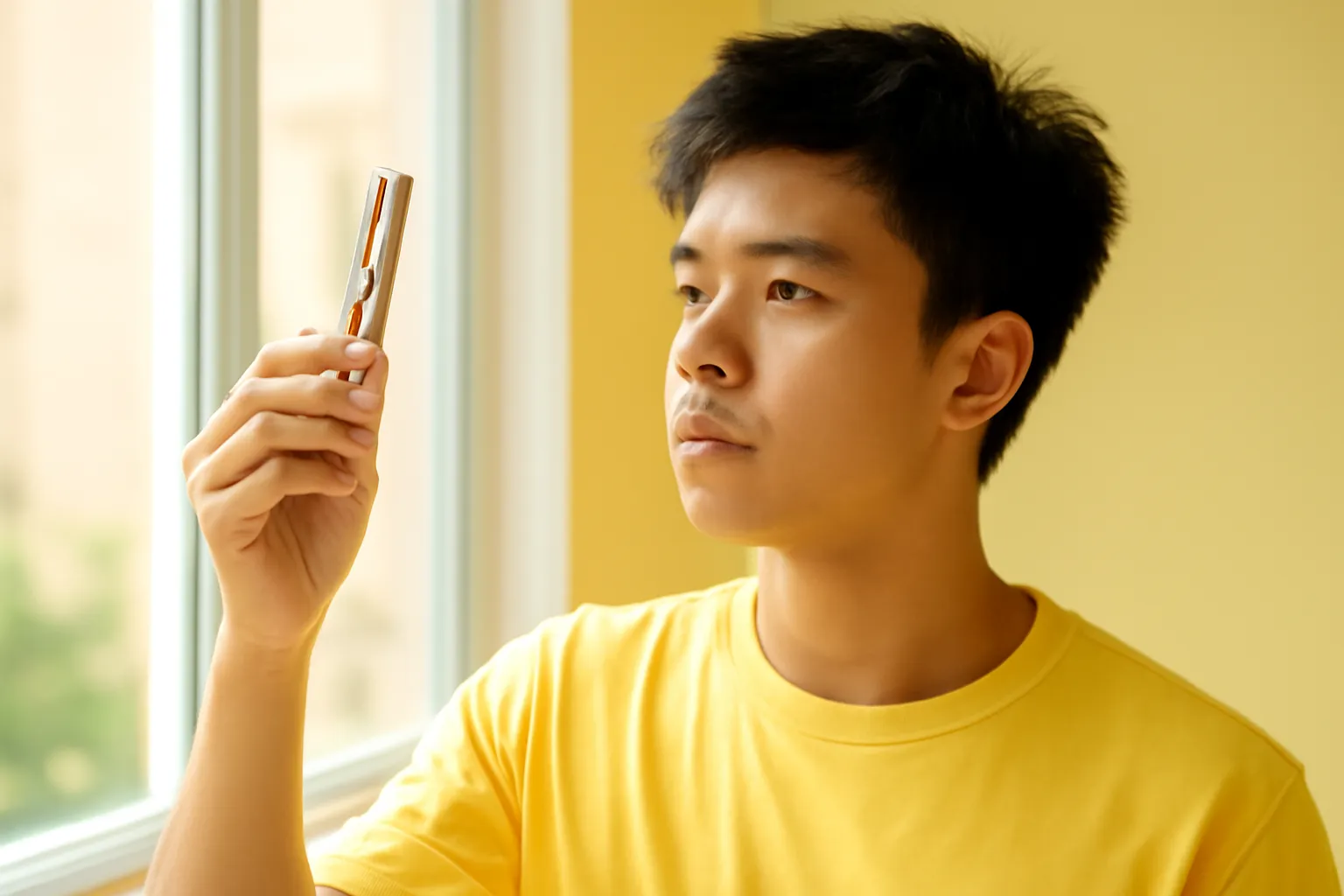 Cô sinh viên kỹ thuật cầm chiếc kẹp phơi quần áo soi dưới nắng cửa sổ