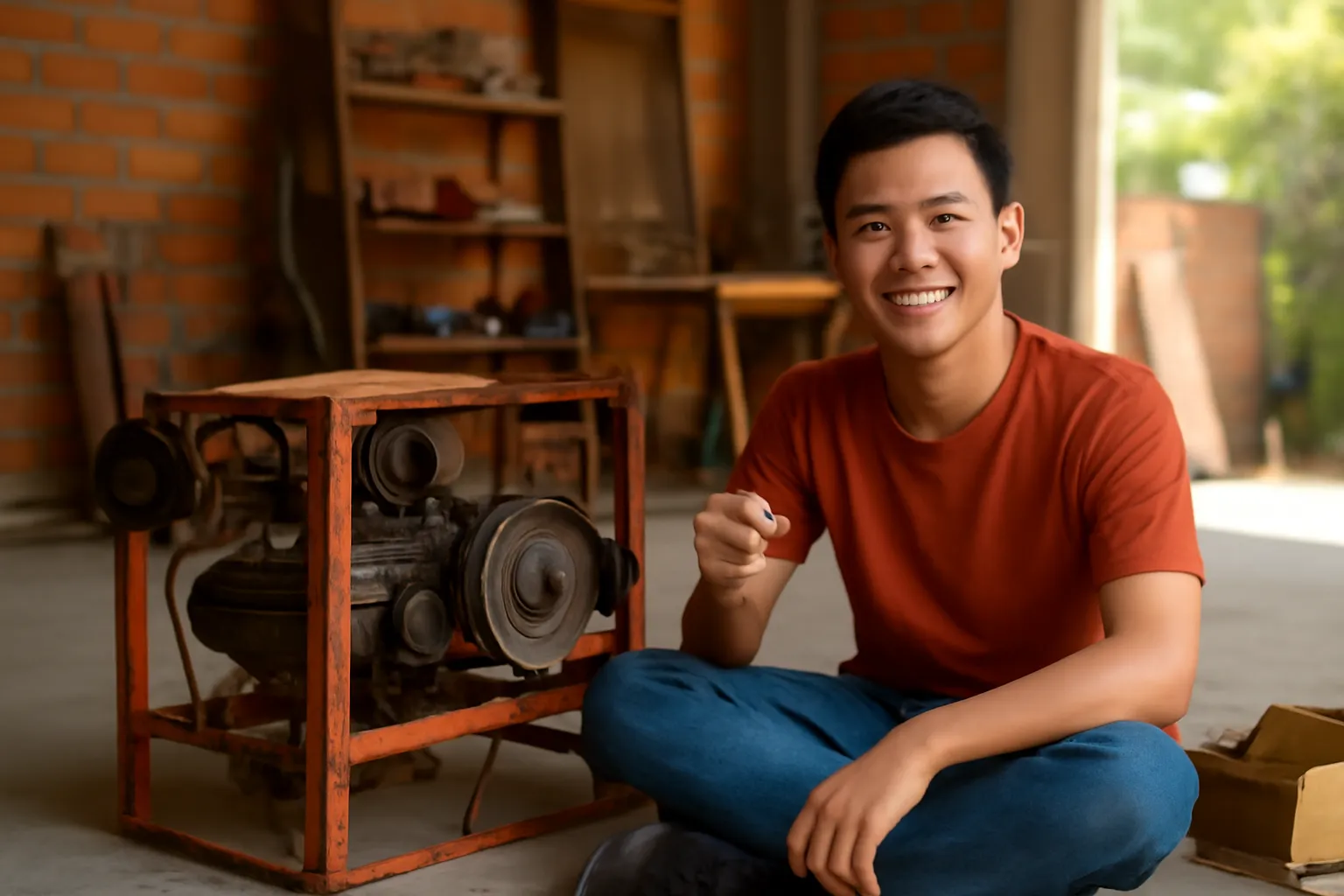 Anh trẻ ngồi cạnh chiếc máy tự chế tháo dở, mỉm cười
