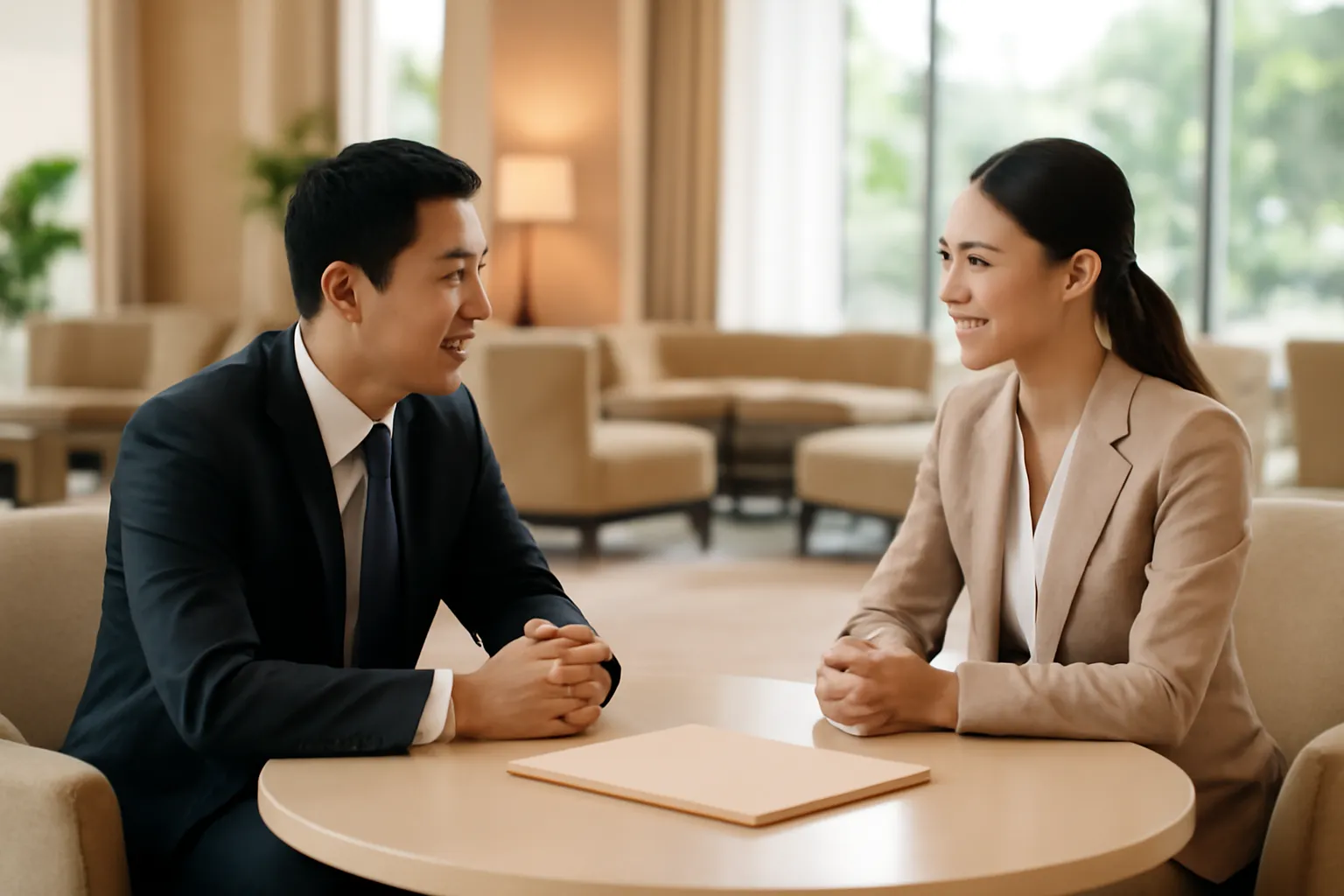 Hai người ngồi đối diện ở sảnh khách sạn, tập giấy úp xuống bàn