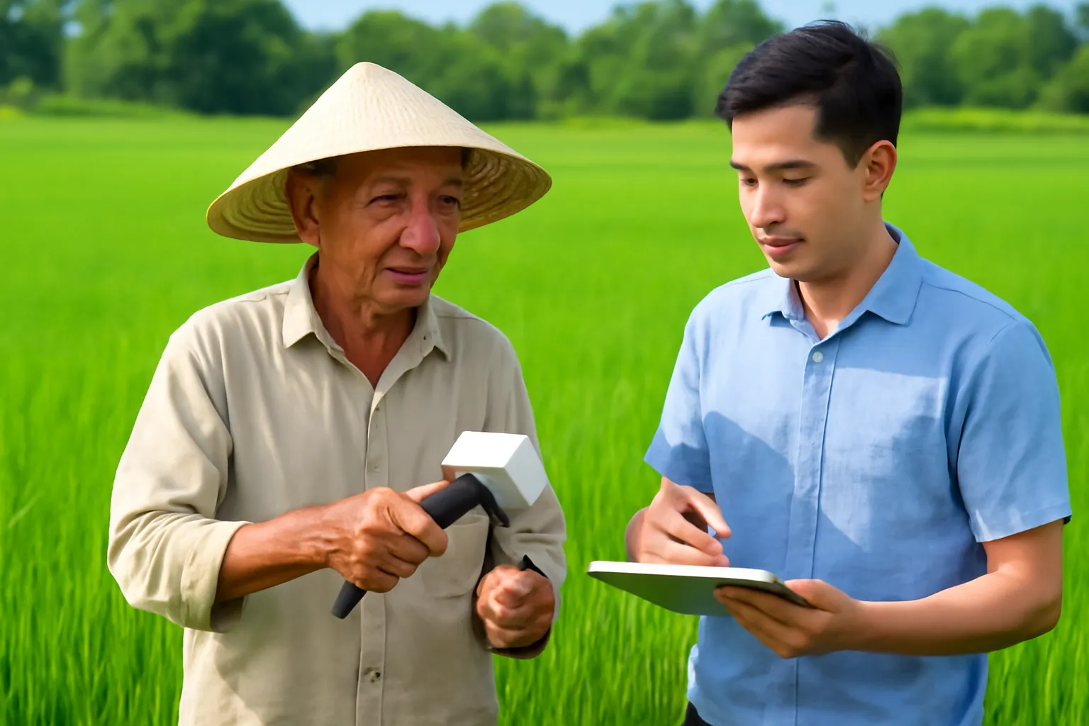 Bác nông dân cầm thử dụng cụ cầm tay mới giữa ruộng, người trẻ ghi chép