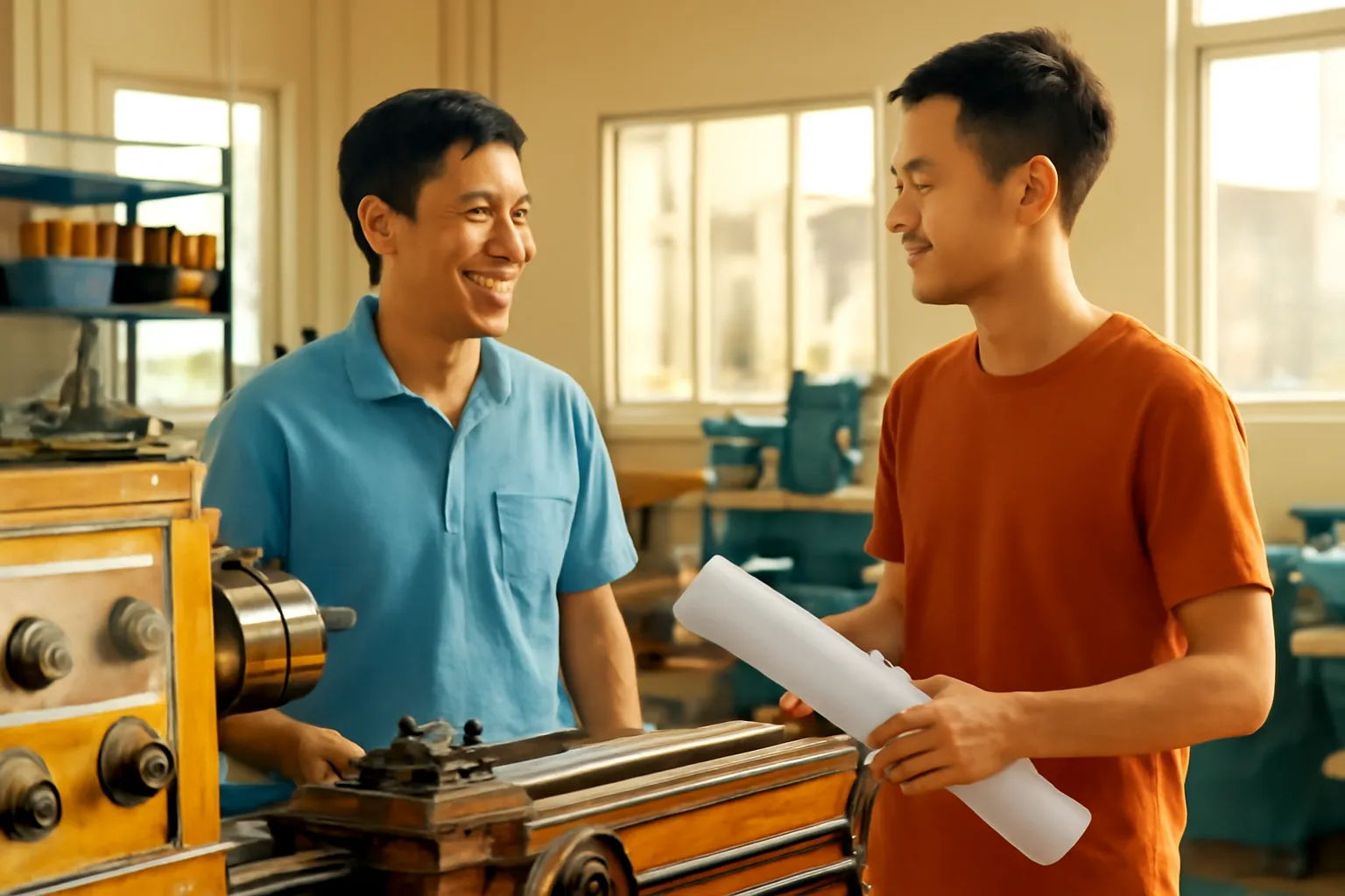Chủ xưởng tiện đứng cạnh máy tiện nói chuyện với khách trẻ