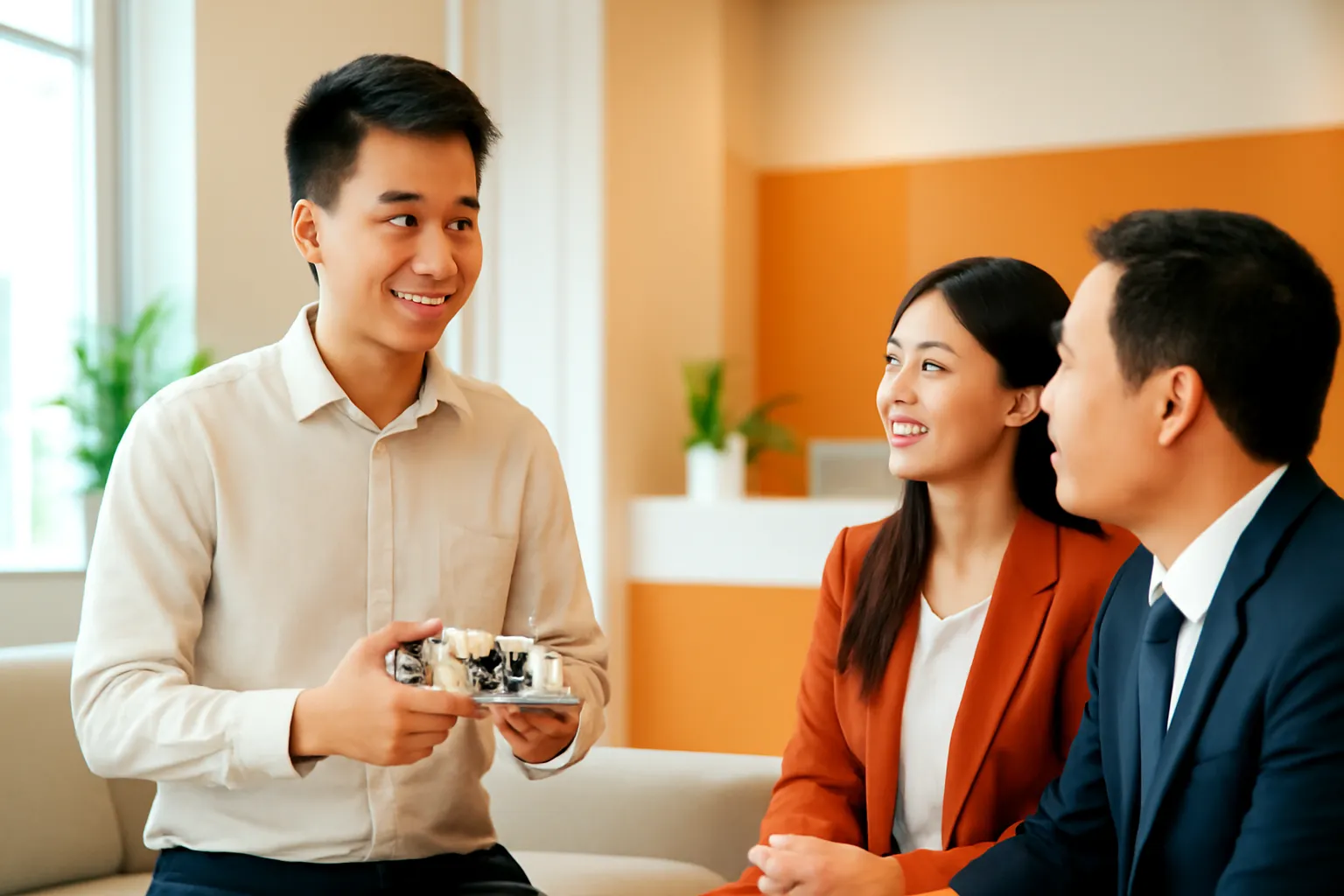 Người sáng chế trẻ trình bày bản mẫu cho hai người trong phòng khách công ty