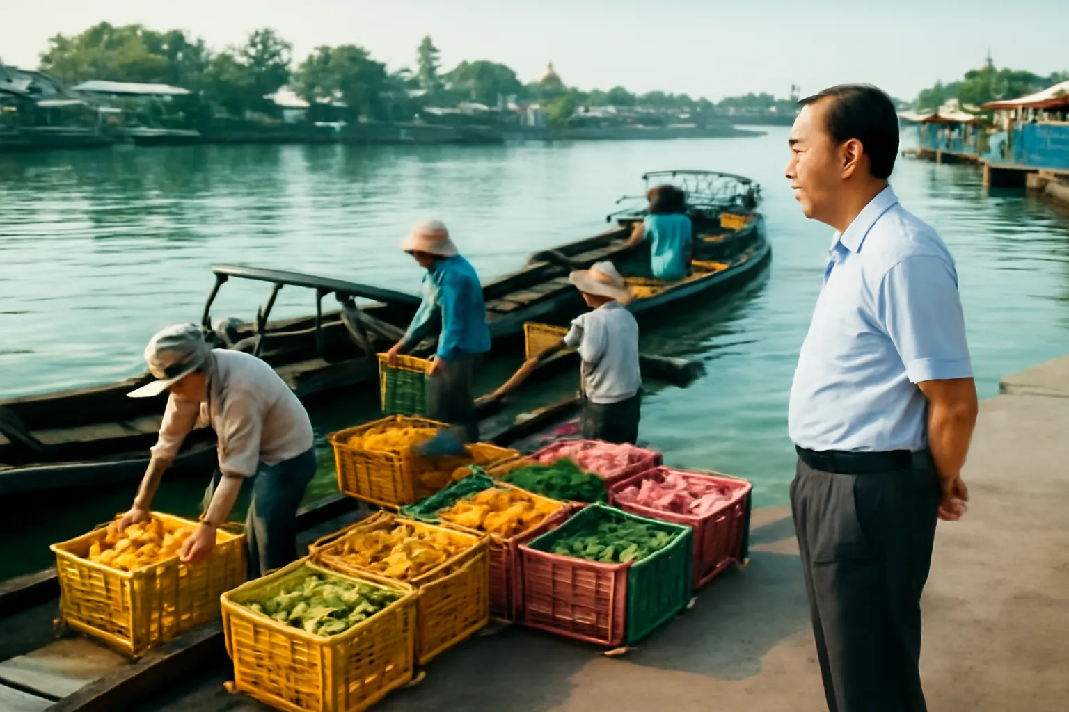 Người đàn ông trung niên quan sát công nhân bốc hàng ở bến ghe buổi sáng