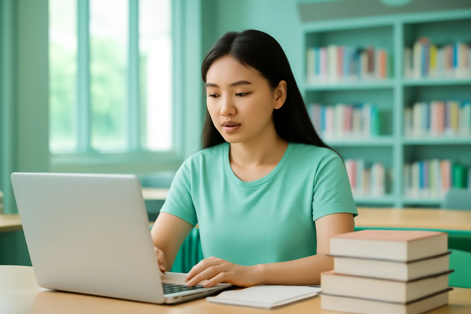 Cô gái ngồi thư viện sáng, laptop quay đi, chồng sách gáy trơn