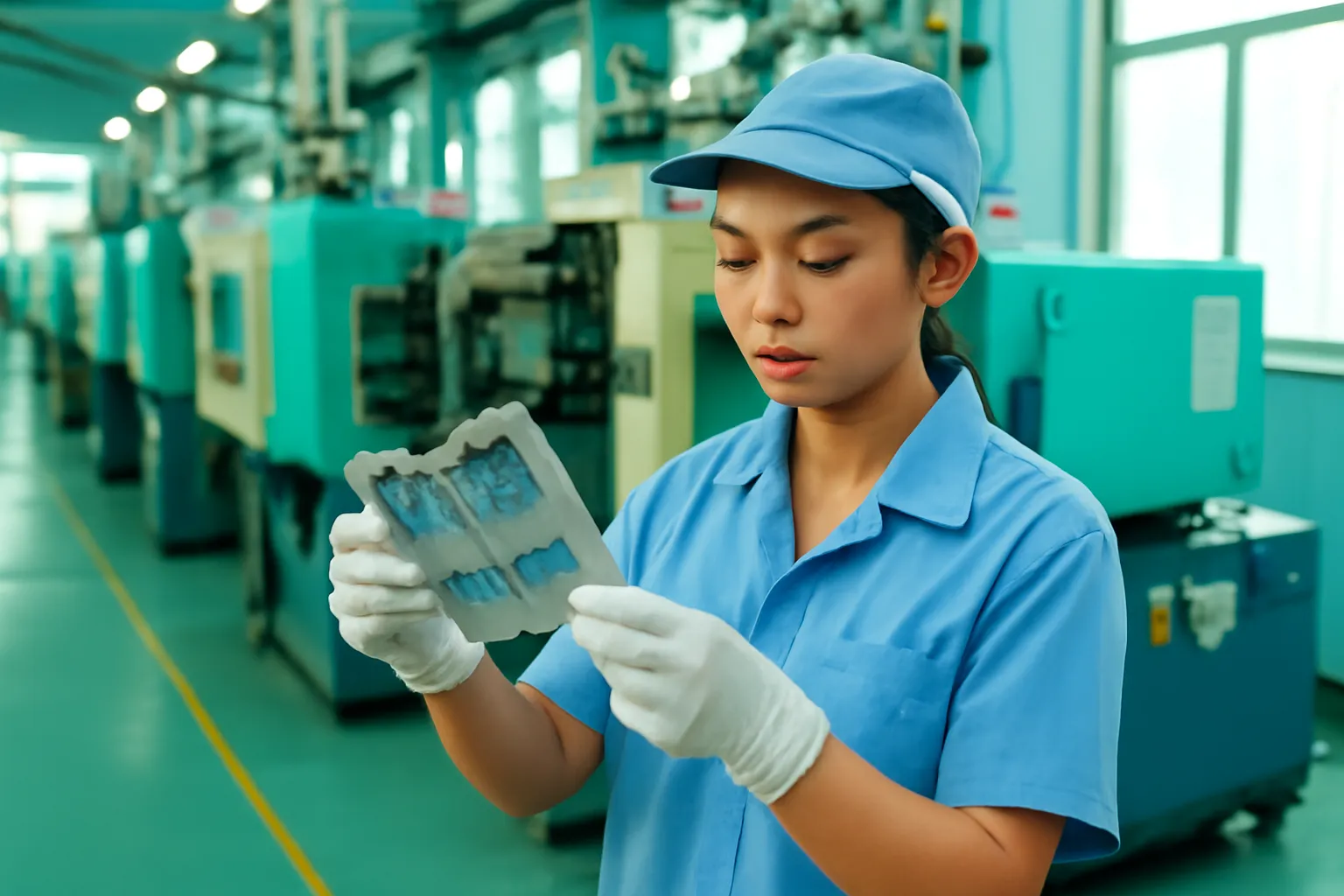 Người thợ cầm chi tiết vừa ra khuôn trong xưởng ép nhựa sạch sẽ
