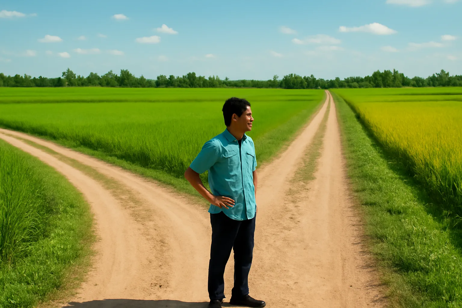 Người đàn ông đứng giữa ngã ba đường làng nhìn hai hướng