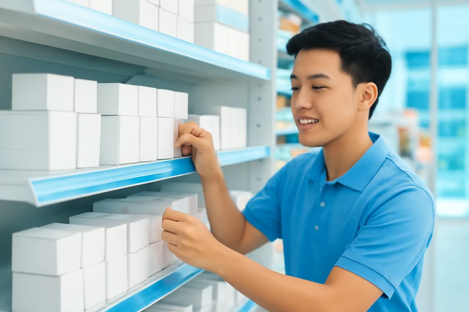 Nhân viên xếp hộp sản phẩm trơn lên kệ siêu thị sáng