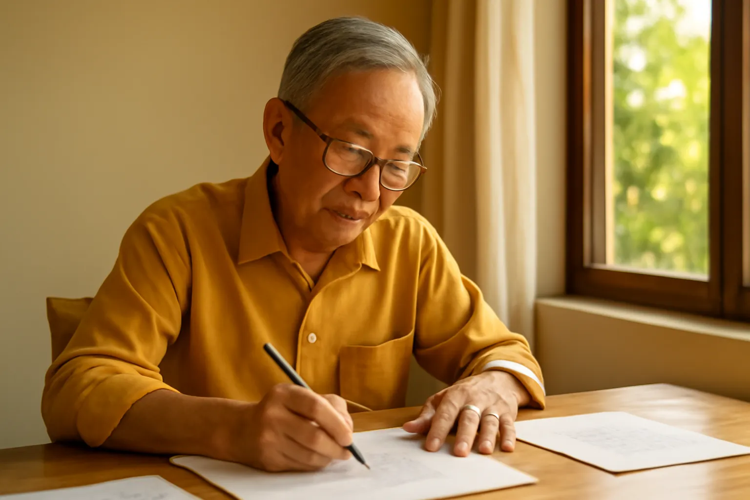 Ông cụ đeo kính viết tay bên bàn gần cửa sổ sáng