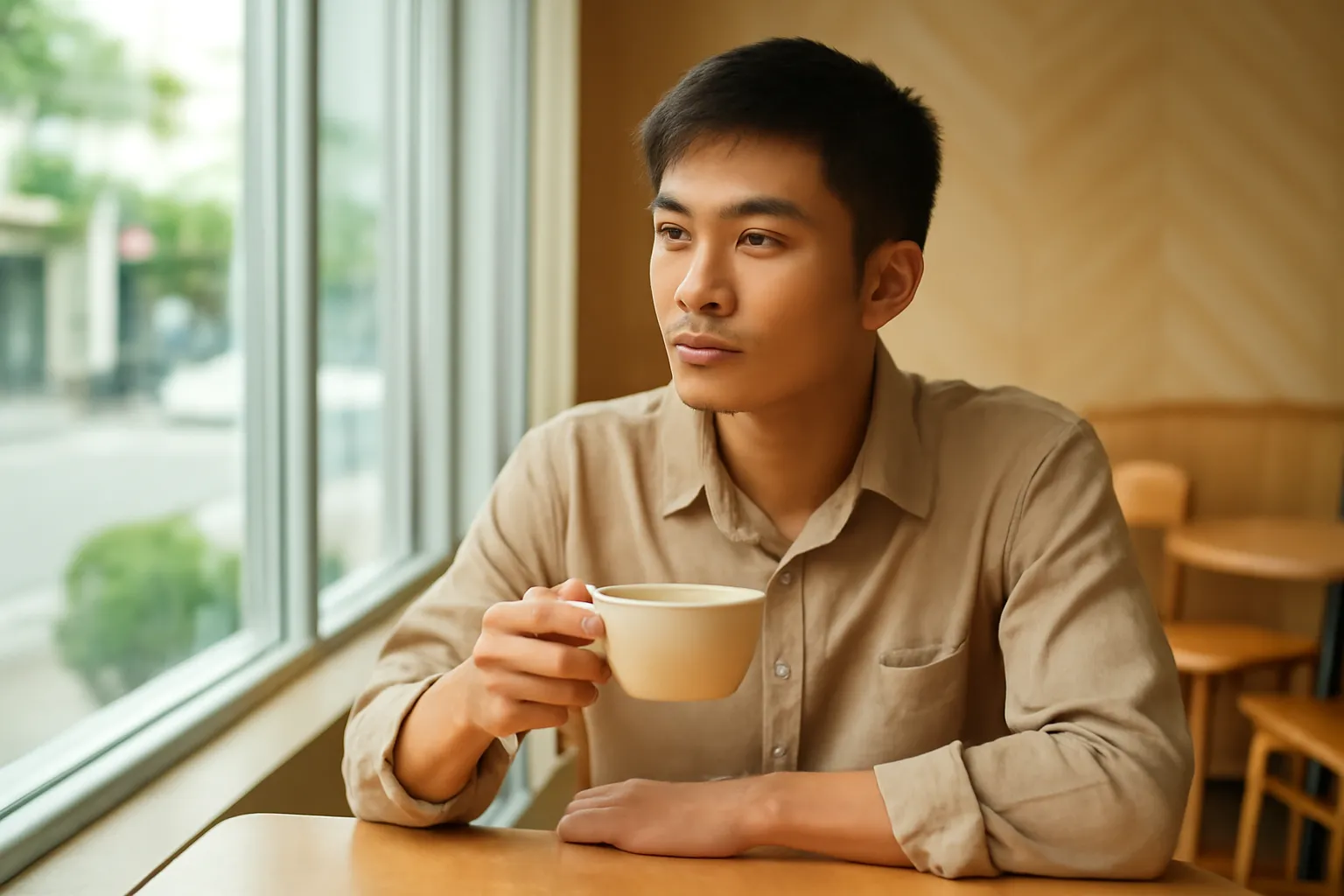 Chàng trai ngồi quán cà phê trầm ngâm nhìn ra cửa kính